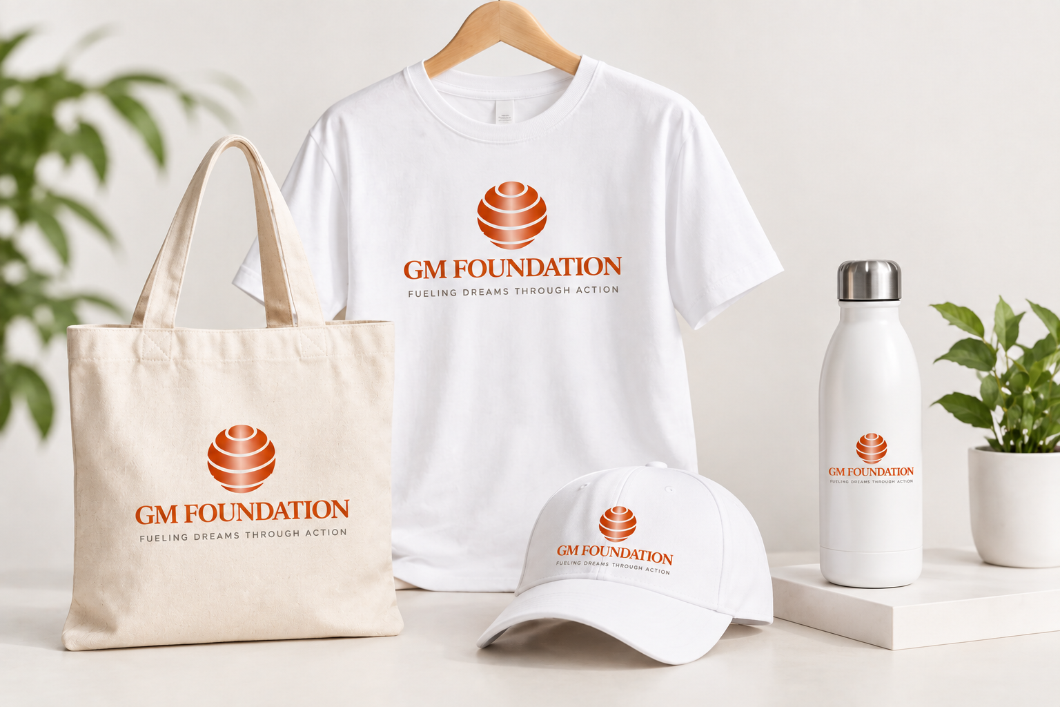 GM Foundation branded tote, t-shirt, cap and water bottle